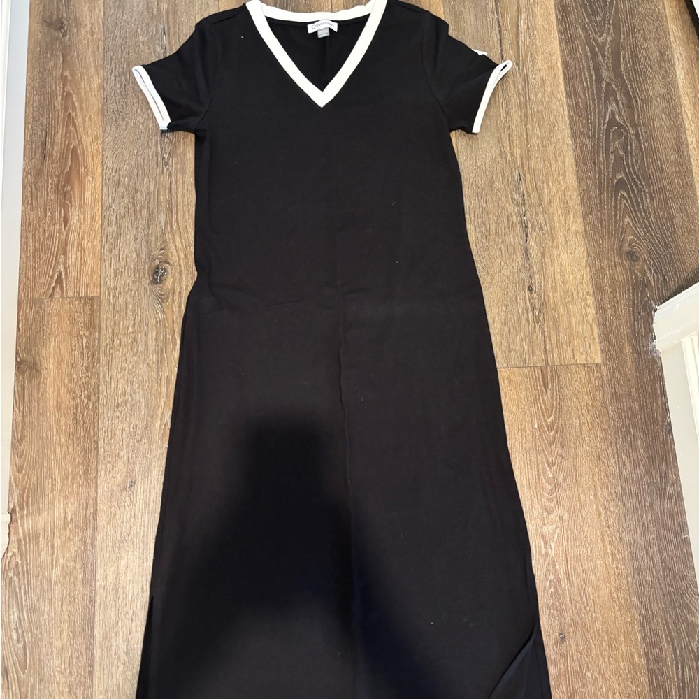 Calvin Klein Black Midi V-Neck Dress with White Trim